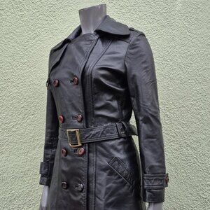 Ladies Vintage Black Genuine Luxury Leather Trench Coat W/Gold Accented Trim